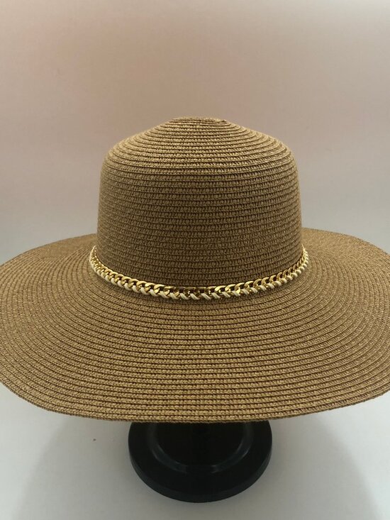 Cayman Apparel Straw Sun Hat w/ Gold Chain Band – Wide Brim Neutral Tan | Resort